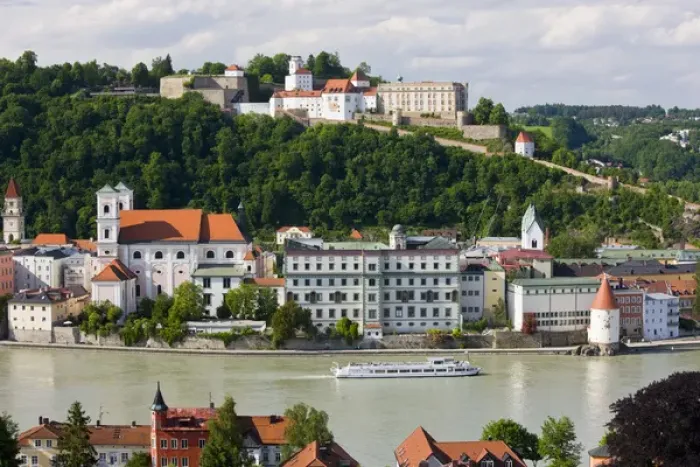 Framed Print : GERMANY, Bayern-Bavaria, Passau. Inn River view from Mariahilf monastery