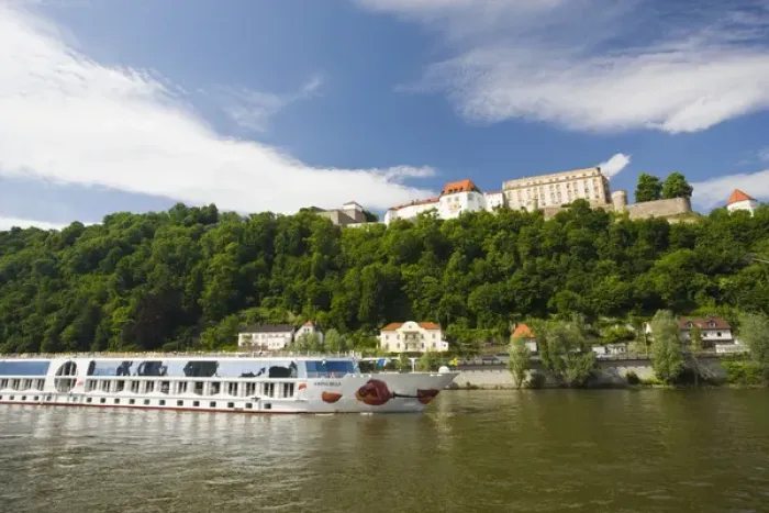 Framed Print : GERMANY, Bayern-Bavaria, Passau. Veste Oberhaus fortress and Danube River cruise ship