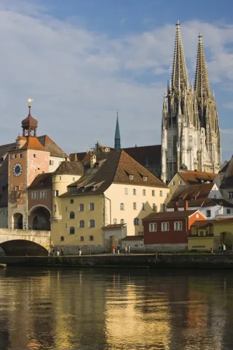 Framed Print : GERMANY, Bayern-Bavaria, Regensburg. View from Danube River and Steinerne Bridge