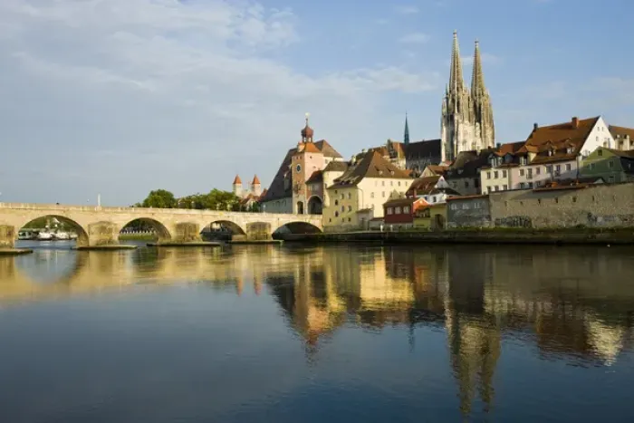 Framed Print : GERMANY, Bayern-Bavaria, Regensburg. View from Danube River and Steinerne Bridge