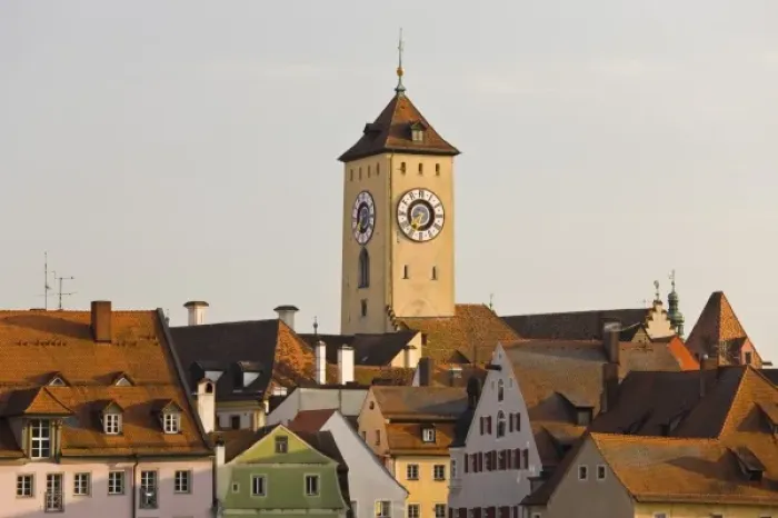 Framed Print : Germany, Bayern-Bavaria, Regensburg. Town Hall clocktower