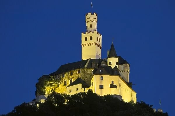 Germany, Braubach, Rhine Valley, Marksburg Castle at night, built 1117, UNESCO World Heritage Site
