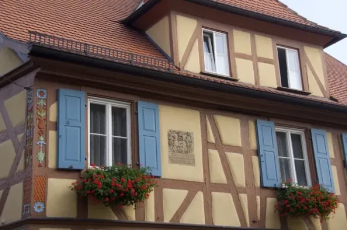 Framed Print : Germany, Franconia, Rothenburg. Colorful half-timbered architecture