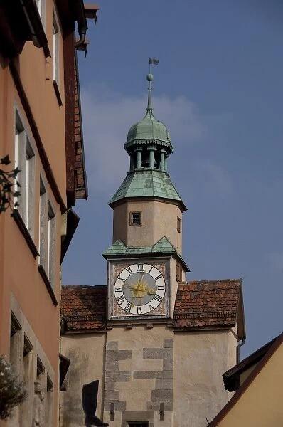 Germany, Franconia, Rothenburg. Historic city walls & clock tower