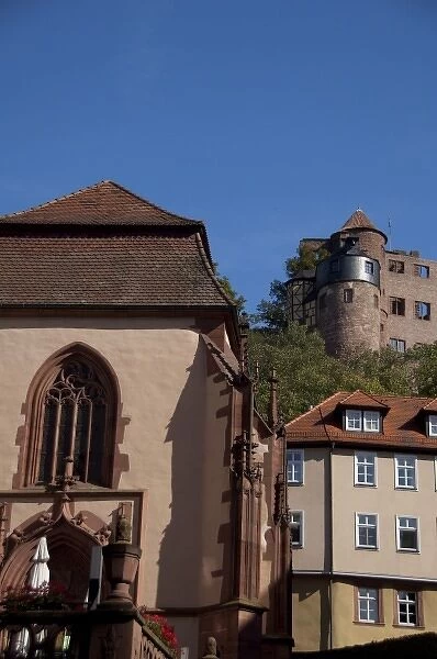 Germany, Franconia, Wertheim. Historic downtown view of 12th century Hohenburg Castle ruins
