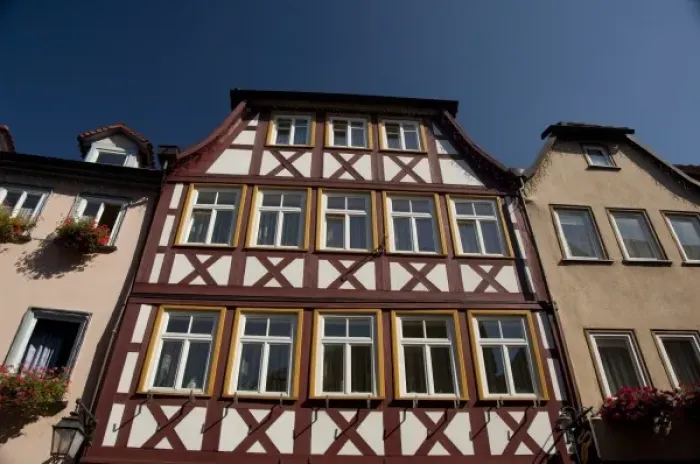 Framed Print : Germany, Franconia, Wertheim. Historic homes using typical half-timbered construction