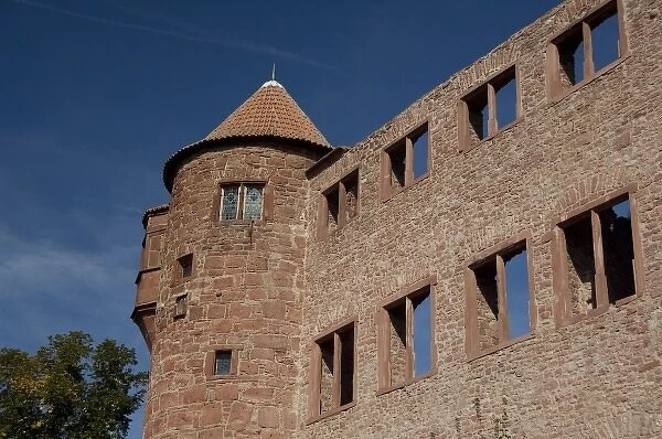 Germany, Franconia, Wertheim. Local redstone ruins of the 12th century Hohenburg Castle tower