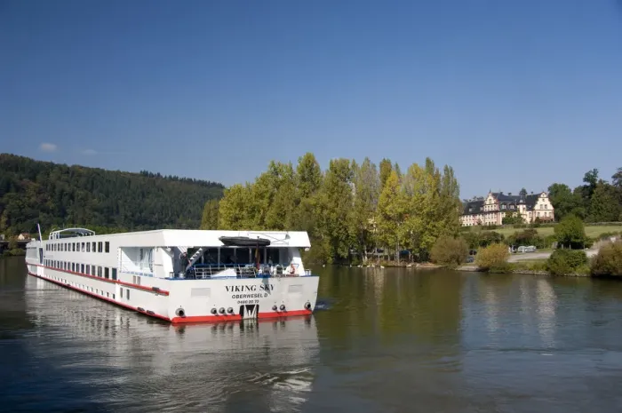 Framed Print : Germany, Franconia, Wertheim. Viking Sky riverboat cruising along Framed Print : Germany, Franconia, Wertheim. Viking Sky riverboat cruising along