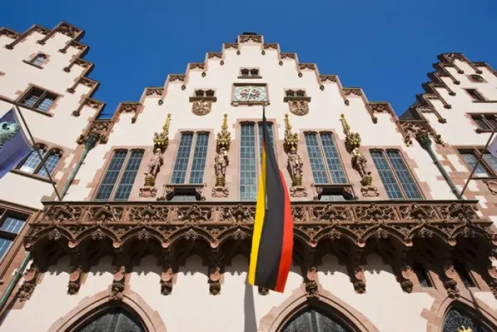 Framed Print : GERMANY, Hessen, Frankfurt am Main. Romerberg Square buildings and Frankfurt Town Hall