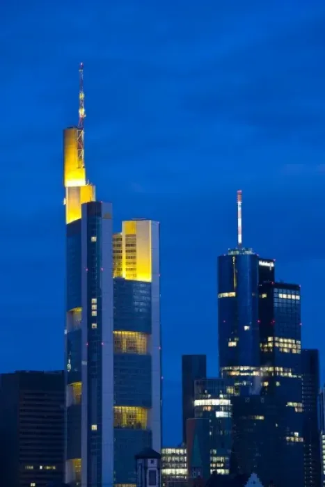 Framed Print : Germany, Hessen, Frankfurt am Main. Commerzbank Tower and Main Tower, dawn