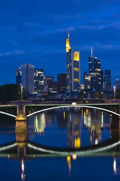 Framed Print : Germany, Hessen, Frankfurt am Main. Skyline from Main River and Ignatz Bubis Brucke bridge, dawn Framed Print : Germany, Hessen, Frankfurt am Main. Skyline from Main River and Ignatz Bubis Brucke bridge, dawn