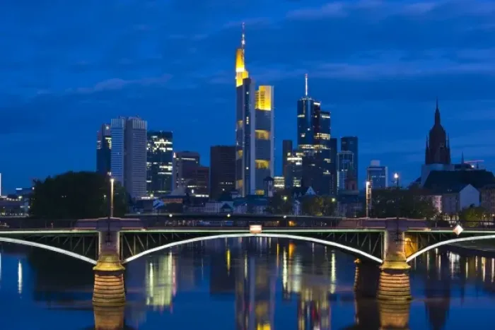 Framed Print : Germany, Hessen, Frankfurt am Main. Skyline from Main River and Ignatz Bubis Brucke bridge, dawn Framed Print : Germany, Hessen, Frankfurt am Main. Skyline from Main River and Ignatz Bubis Brucke bridge, dawn