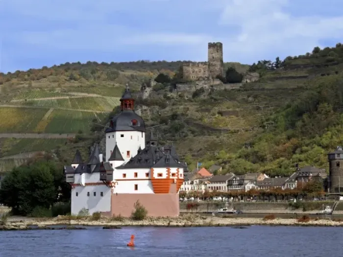 Framed Print : Germany, Kaub, The Pfalz Castle in the Foreground, Gutenfels Castle on the Hill Above Framed Print : Germany, Kaub, The Pfalz Castle in the Foreground, Gutenfels Castle on the Hill Above