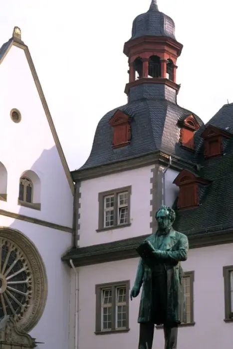 Framed Print : Germany Koblenz Old Town Center with close up of Church and statue Framed Print : Germany Koblenz Old Town Center with close up of Church and statue
