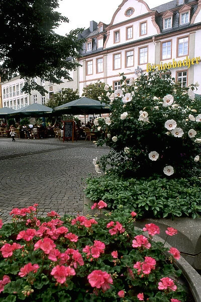 Germany Koblenz Old Town by Rhine River Center shops with flowers in Altstadt