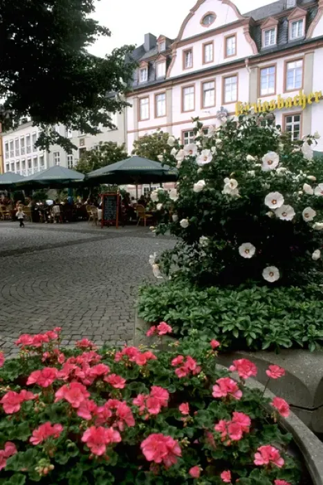 Framed Print : Germany Koblenz Old Town by Rhine River Center shops with flowers in Altstadt Framed Print : Germany Koblenz Old Town by Rhine River Center shops with flowers in Altstadt