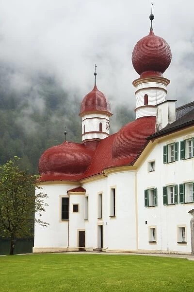Germany, Lake Konigssee. St. Bartholomews Church in Berchtesgaden National Park