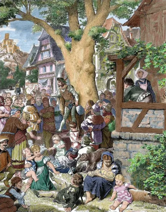Framed Print : Germany. Minstrel reciting poems and songs at the foot of a lime tree in the village square