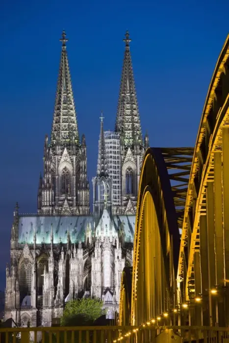 Framed Print : GERMANY, Nordrhein-Westfalen, Cologne. Cologne Cathedral and Hohenzollern Bridge, evening