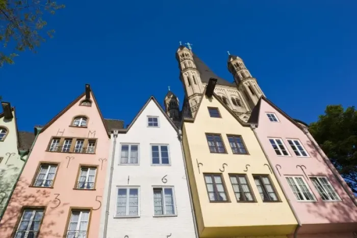 Framed Print : Germany, Nordrhein-Westfalen, Cologne. Rhein riverside buildings and Gross St. Martin Church