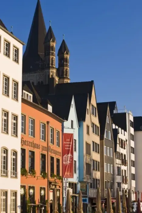 Framed Print : Germany, Nordrhein-Westfalen, Cologne. Gross-St. Martin Church and Rhein embankment buildings