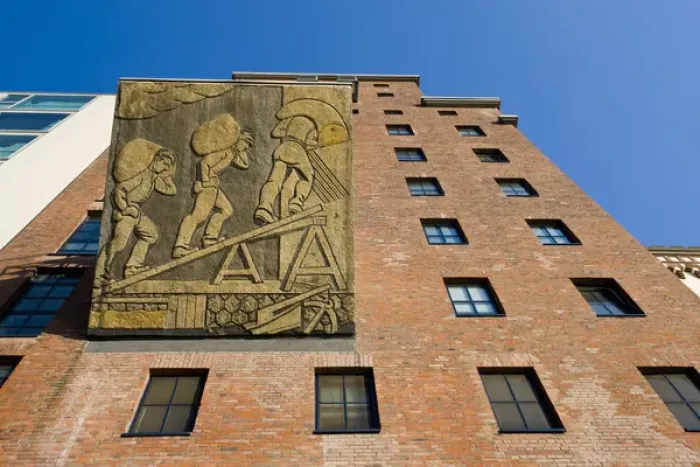 Framed Print : GERMANY, Nordrhein-Westfalen, Dusseldorf. Medienhafen, frieze of old port activity