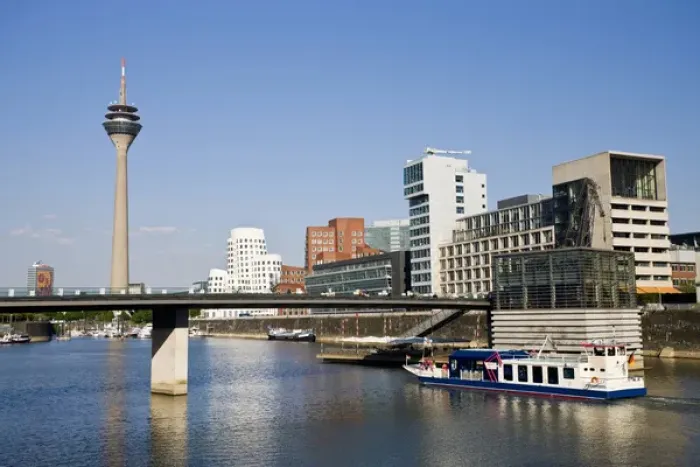 Framed Print : GERMANY, Nordrhein-Westfalen, Dusseldorf. Rhein Tower and Medienhafen