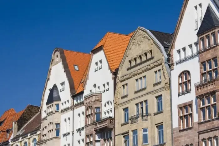 Framed Print : Germany, Nordrhein-Westfalen, Dusseldorf. Rheinufer Promenade buildings