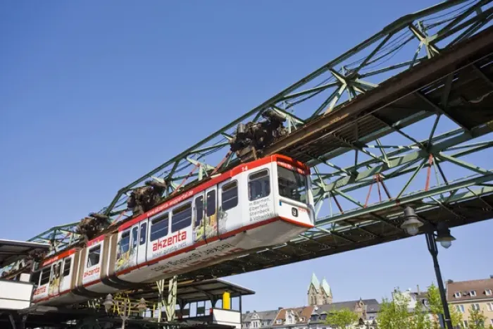 Framed Print : GERMANY, Nordrhein-Westfalen, Ruhr Basin, Wuppertal. Schwebebahn suspended tram line