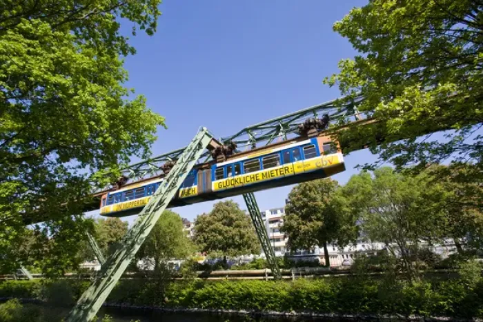 Framed Print : GERMANY, Nordrhein-Westfalen, Ruhr Basin, Wuppertal. Schwebebahn suspended tram line