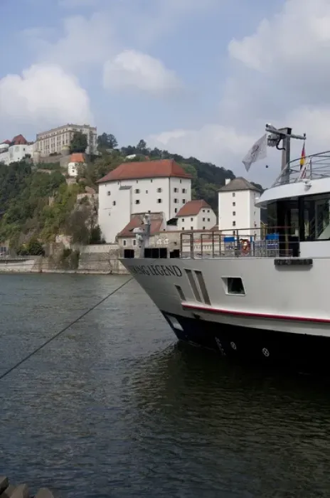 Framed Print : Germany, Passau. Viking Legend riverboat on the Danube in front of historic Framed Print : Germany, Passau. Viking Legend riverboat on the Danube in front of historic
