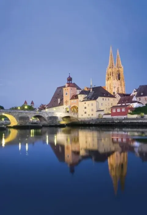 Framed Print : Germany, Regensburg, Old Town Skyline with St. Peters Cathedral & Danube River