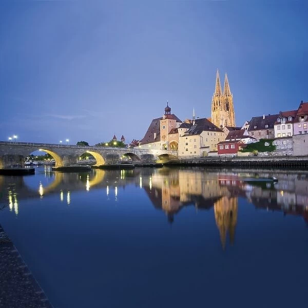 Germany, Regensburg, Old Town Skyline with St. Peters Cathedral & Danube River
