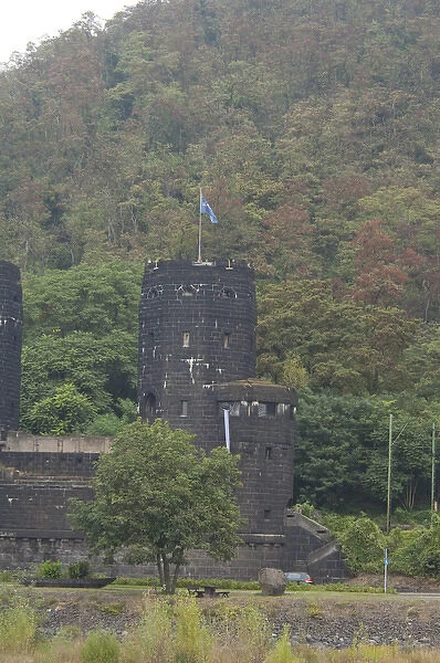 Germany, Remagen. Monument at historic ruins of the WWII Bridge at Remagen (aka Ludendorff Bridge)