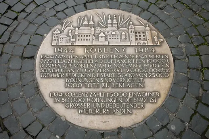 Framed Print : GERMANY, Rheinland-Pfaltz, Koblenz. 1944-1984 progress plaque in Old Town