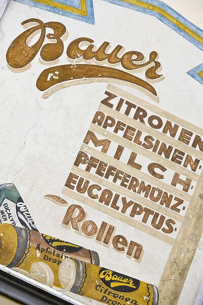 GERMANY, Rheinland-Pfaltz, Koblenz. Detail of old advertsing wall mural