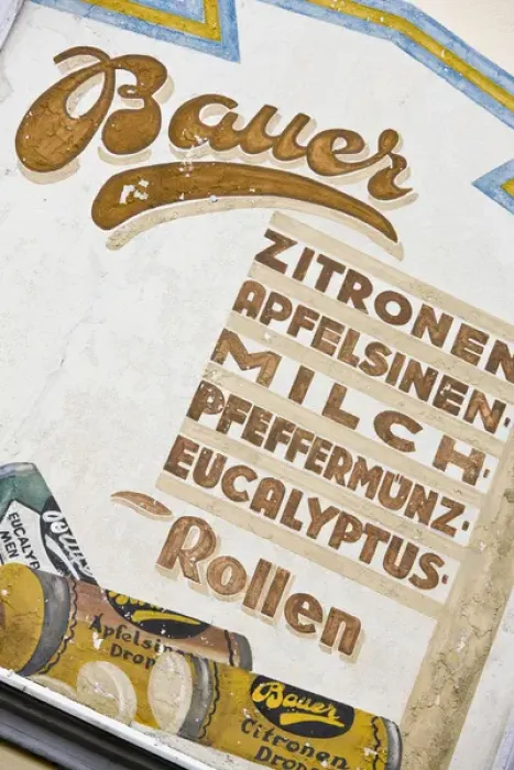 Framed Print : GERMANY, Rheinland-Pfaltz, Koblenz. Detail of old advertsing wall mural