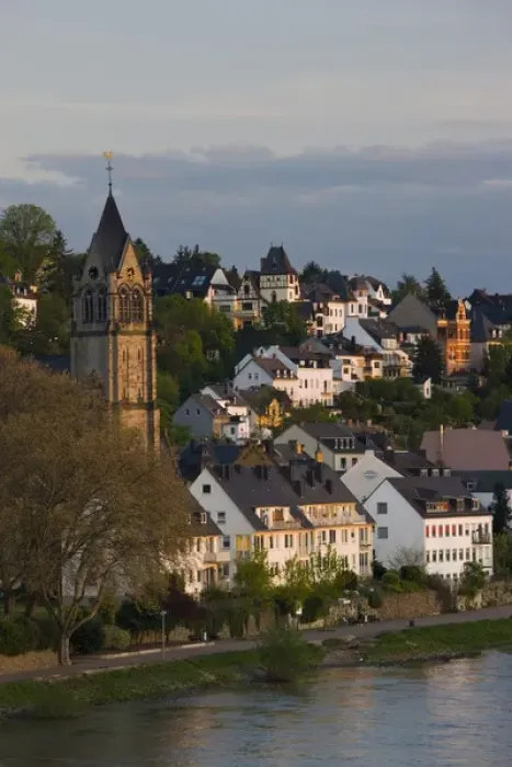 Framed Print : GERMANY, Rheinland-Pfaltz, Koblenz. Village of Pfaffendorf on Rhein River, dusk