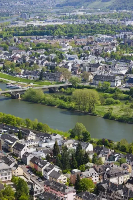 Framed Print : GERMANY, Rheinland-Pfaltz, Mosel River Valley, Trier. High angle view of town along Framed Print : GERMANY, Rheinland-Pfaltz, Mosel River Valley, Trier. High angle view of town along