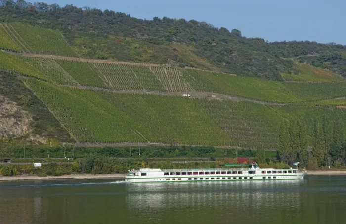 Framed Print : Germany Rhine River Kamp Bornhofen village river cruise ship with vineyards