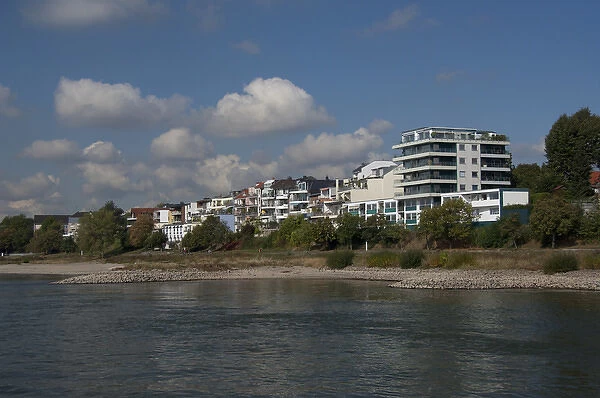 Germany. Rhine River views of typical riverfront housing in Ensen, mile marker 680