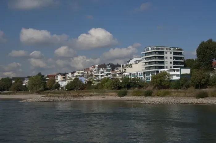 Framed Print : Germany. Rhine River views of typical riverfront housing in Ensen, mile marker 680