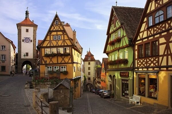 Germany, Rothenburg. Siebers Tower with clock and the lower tower of Kobolzell Gate