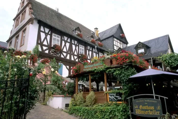 Framed Print : Germany Rudesheim Old Town by Rhine River tourist restaurant Winzerkeller Framed Print : Germany Rudesheim Old Town by Rhine River tourist restaurant Winzerkeller