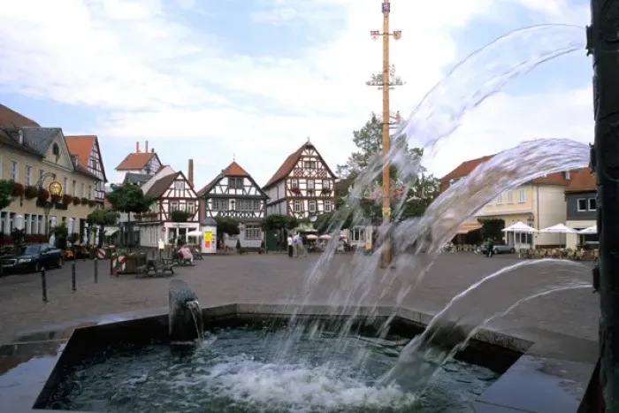 Framed Print : Germany Seligenstadt Old Town by Rhine River fountains