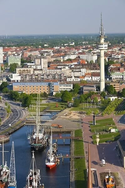 Germany, State of Bremen, Bremerhaven. Harbor view from Atlantic Sail City Building