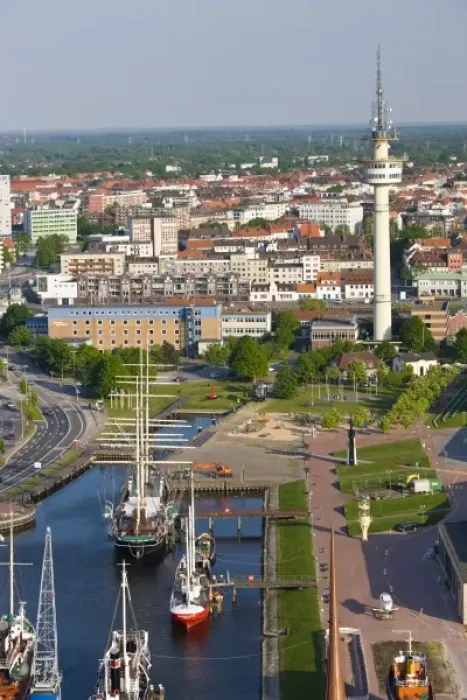 Framed Print : Germany, State of Bremen, Bremerhaven. Harbor view from Atlantic Sail City Building
