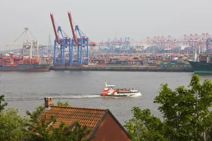 Framed Print : GERMANY, State of Hamburg, Hamburg. Othmarschen, view of the Elbe River port Framed Print : GERMANY, State of Hamburg, Hamburg. Othmarschen, view of the Elbe River port