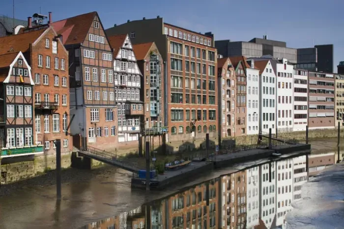 Framed Print : GERMANY, State of Hamburg, Hamburg. Nikolaifleet canal, warehouse buildings
