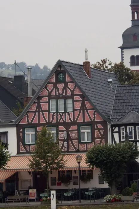 Framed Print : Germany. Typical half-timbered architecture along the Rhine River around Rheineck Framed Print : Germany. Typical half-timbered architecture along the Rhine River around Rheineck